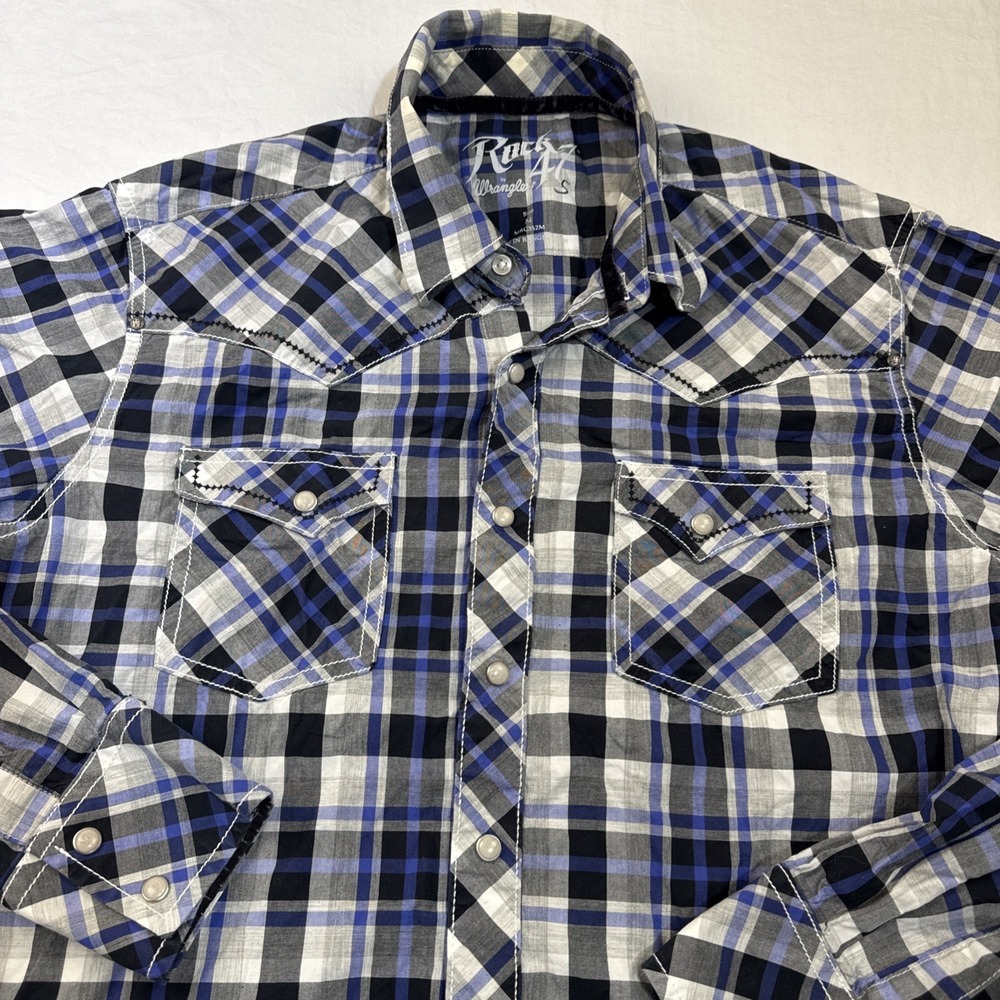 Wrangler Rock 47 Pearl Snap Shirt Mens MEDIUM Plaid Western Cowboy Long Sleeve